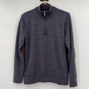 Raffi Men’s 100% Merino Wool 1/4 Zip Sweater Brown Blue Elbow Patches Size M